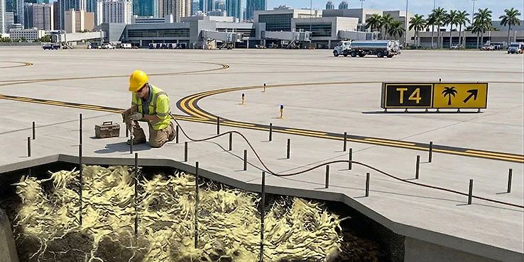 Commercial Airport Runway Stabilization new Helicon crew performing commercial airport runway stabilization with polyurethane injection technology