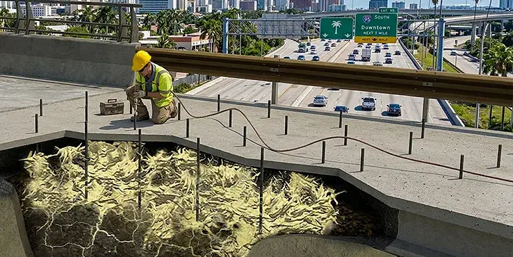 Helicon crew performing commercial bridge transition stabilization with polyurethane injection technology