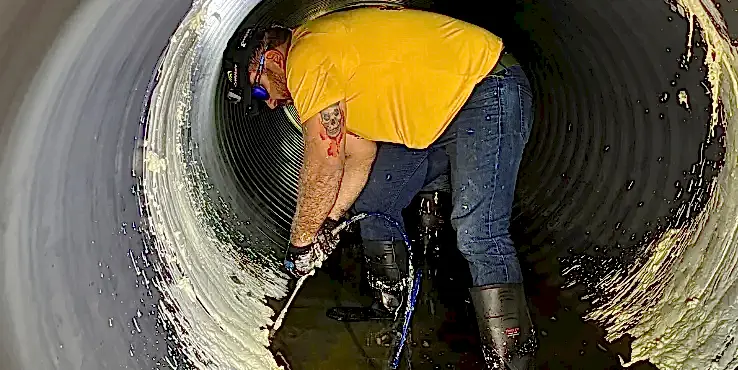 commercial-stormwaterpipe Helicon crew member doing chemical grout injection points inside of a tunnel